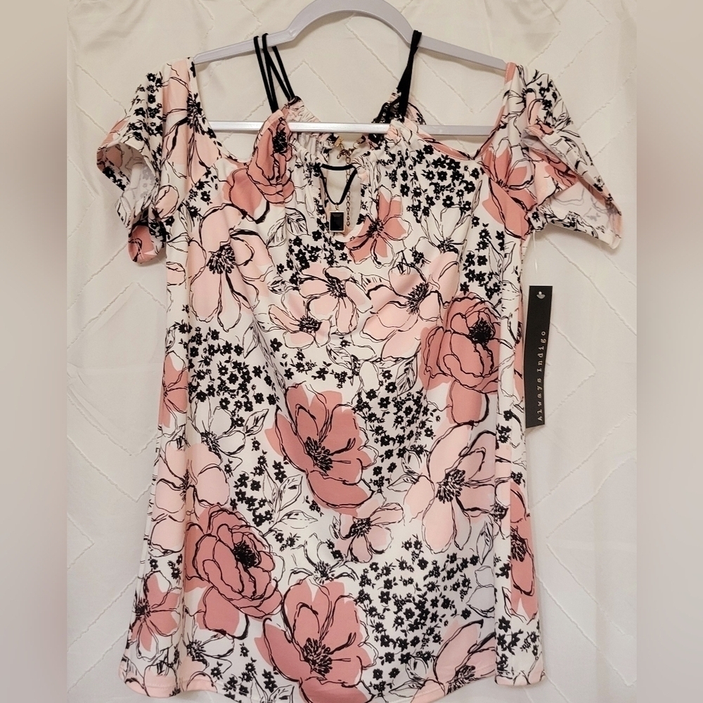Always Indigo Women's Blouse top Size smallCold Shoulder Floral Y2k